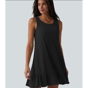 Halara Black Crinkle Textured Ruffle Hem Sleeveless Mini Shift Dress Large New